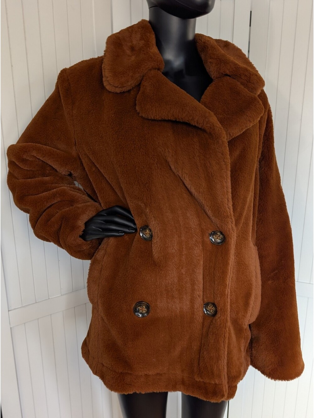 LUSH Womens L Brown Rust Faux Fur Pea Coat Double Breasted Plush Teddy Jacket